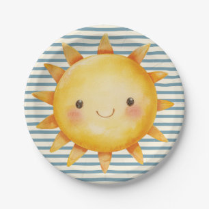 Prato De Papel Bebê Sol Adorable Chuvinha Azul Aguarela