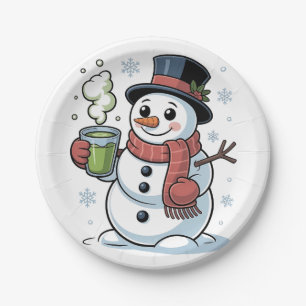 Prato De Papel Bebendo Matcha Verde do Boneco de Neve de Natal