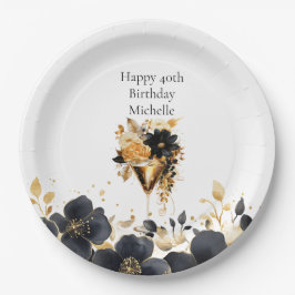 Prato De Papel Bebidas de Cocktail Floral Ouro Preto Aniversário 