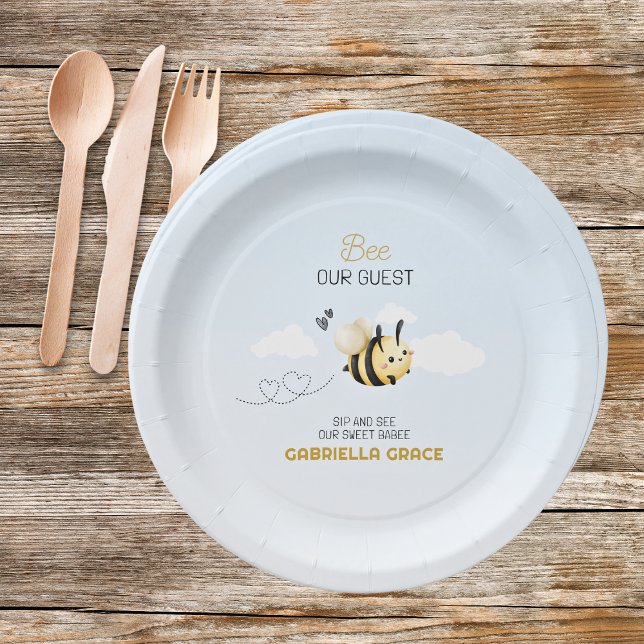 Prato De Papel Bee Our Guest Sip and See Paper Plate (Bee Theme Sip and See Paper Plates)