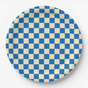 Prato De Papel bege + Blue Check Checkered Checkerboard Padrão