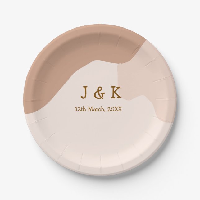 Prato De Papel Bege boho curvo laranja casamento nome data (Frente)