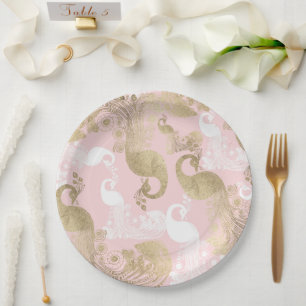 Prato De Papel Bege rosa dourado real pavão