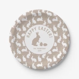 Prato De Papel Beige And White Bunny Pattern Happy Easter