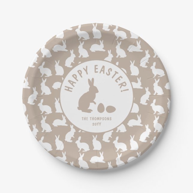 Prato De Papel Beige And White Bunny Pattern Happy Easter (Frente)