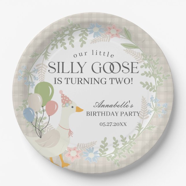 Prato De Papel Beige Bobo Goose Floral Gingham Birthday (Frente)