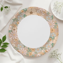 Prato De Papel Beige floral paper plates, Neutral party supplies