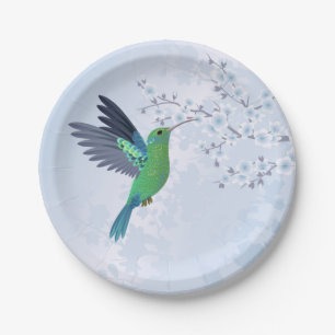 Prato De Papel Beija-flor Verde Com Flor de Cerejeira Azul