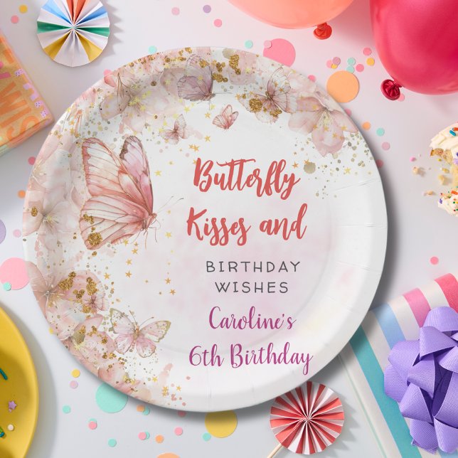 Prato De Papel Beijos de borboletas e desejos de aniversário (Criador carregado)
