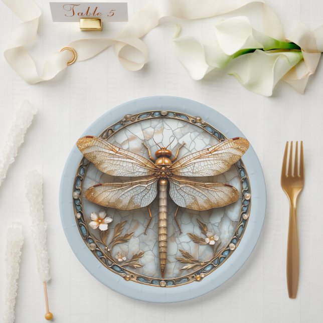 Prato De Papel Bela Arte Deco Esmalte Libélula Pérolas Douradas (Casamento)