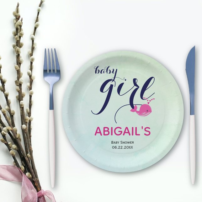 Prato De Papel Bela baleia rosa, oceano, tema Bebê Chá (Criador carregado)