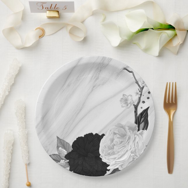 Prato De Papel Bela flor negra e branca (Casamento)