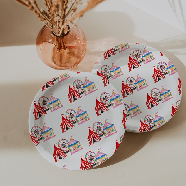 Prato De Papel Bela Mão Desenhada Circo Carnaval Aniversário (Cute Hand Drawn Carnival Circus Birthday Paper Plates)