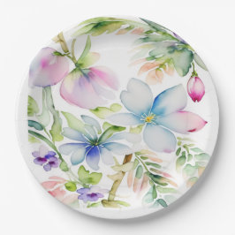 Prato De Papel Belas Flores de Primavera em Aquarela Azul Rosa