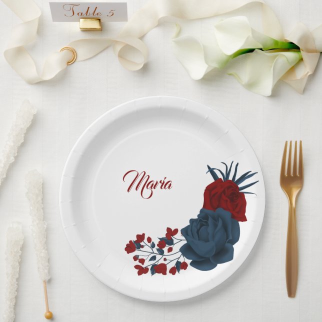 Prato De Papel Belas flores vermelhas e azuis-marinho (Casamento)