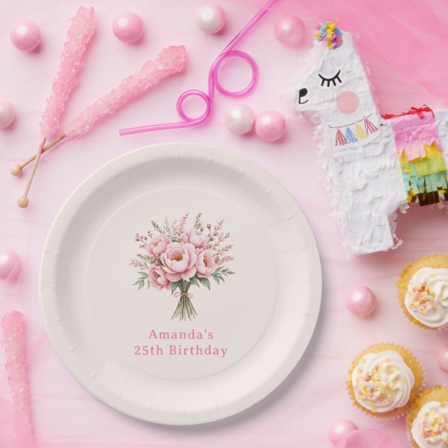 Prato De Papel Belo Buquê de Flores de Peônia Rosa Aniversário (Festa)