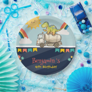 Prato De Papel Belo caminhão de cimento do dinossauro Aniversário