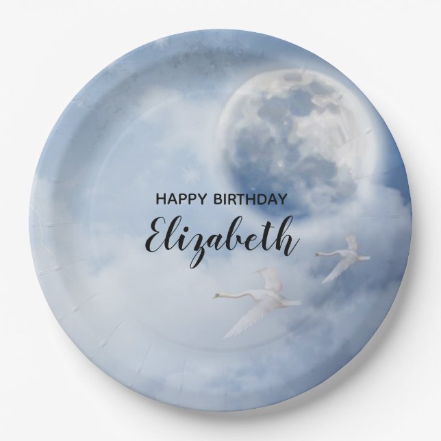 Prato De Papel Belo Céu Azul com Cisnes Voadoras Aniversário (Frente)