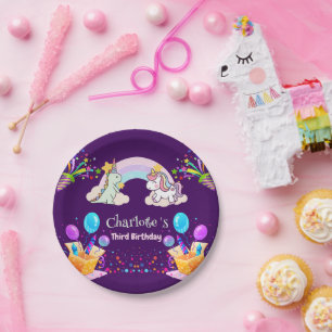 Prato De Papel Belo Dinossauro Unicórnio Arco-Íris Aniversário do