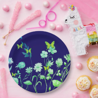 Prato De Papel Belo floral azul e verde e borboleta