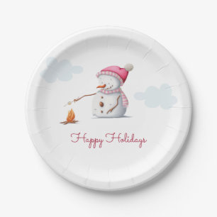 Prato De Papel Belo Homem de Neve de Marshmallow Rosa Feliz Natal