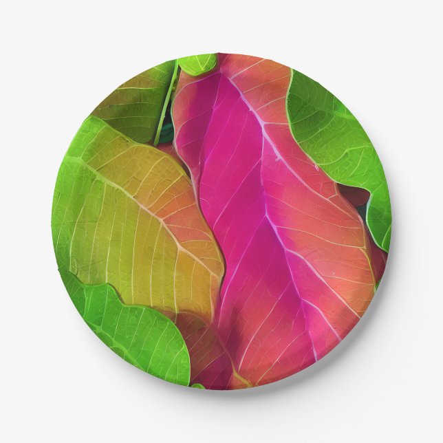 Prato De Papel Belo padrão de folha rosa e verde (Frente)