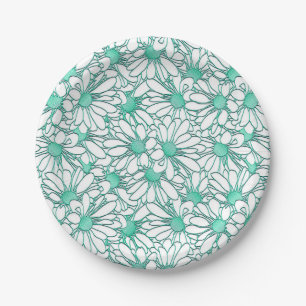 Prato De Papel Belo Teal e Design Floral Branco