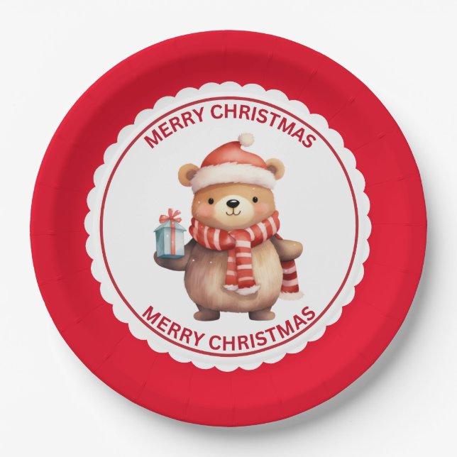 Prato De Papel Belo Urso De Teddy No Feriado De Natal Do Papai No (Frente)
