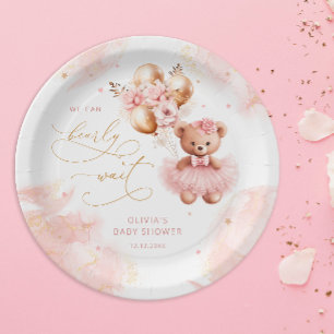Prato De Papel Belo Urso Dourado Balão Rosa Chá Bebê Rosa