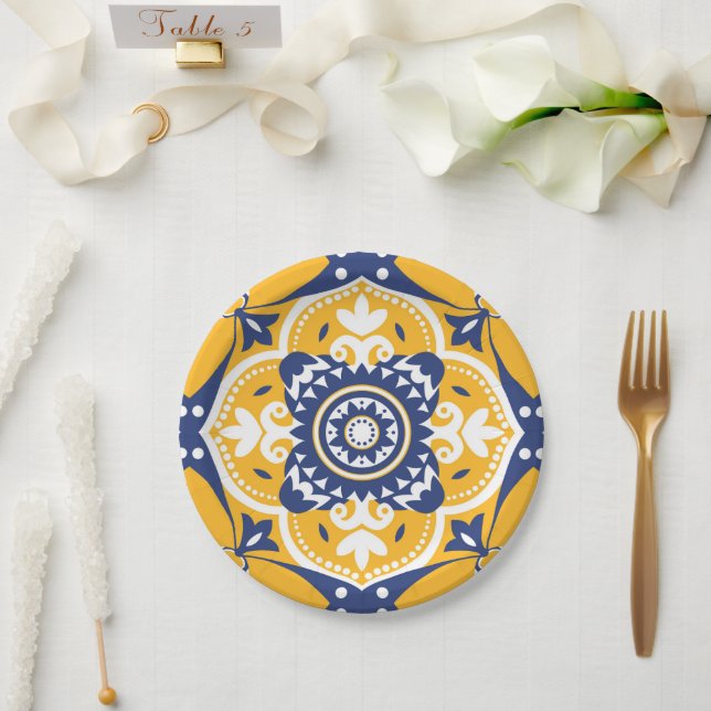 Prato De Papel 💛 💙 🤍 Belos Azulejos azuis e amarelos (Casamento)