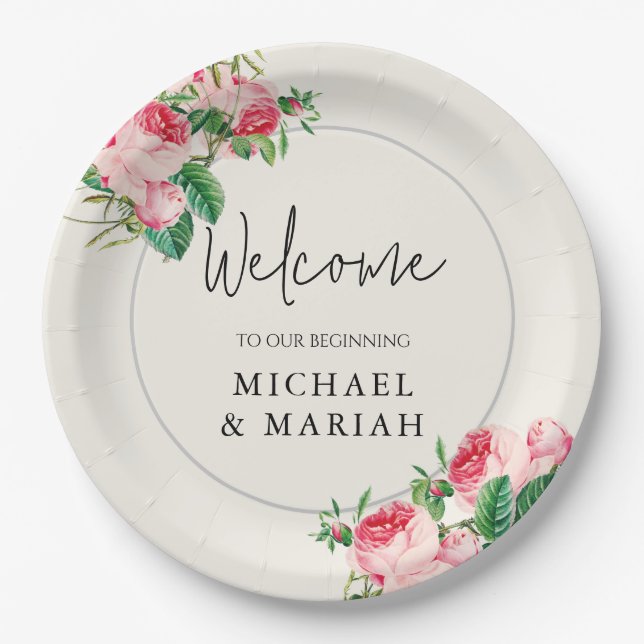 Prato De Papel Bem-Vindo Ao Casamento | Floral Wedding Welcome (Frente)