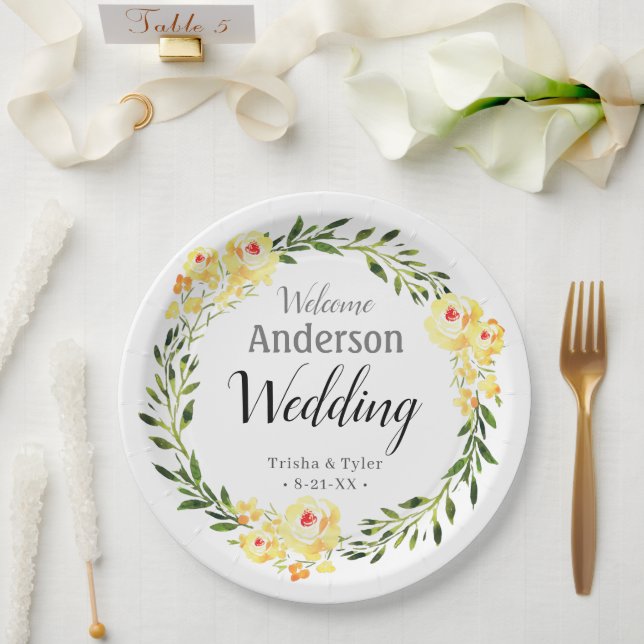 Prato De Papel Bem-vindo Nomes/Data Amarelo C/Flores Casamento (Casamento)