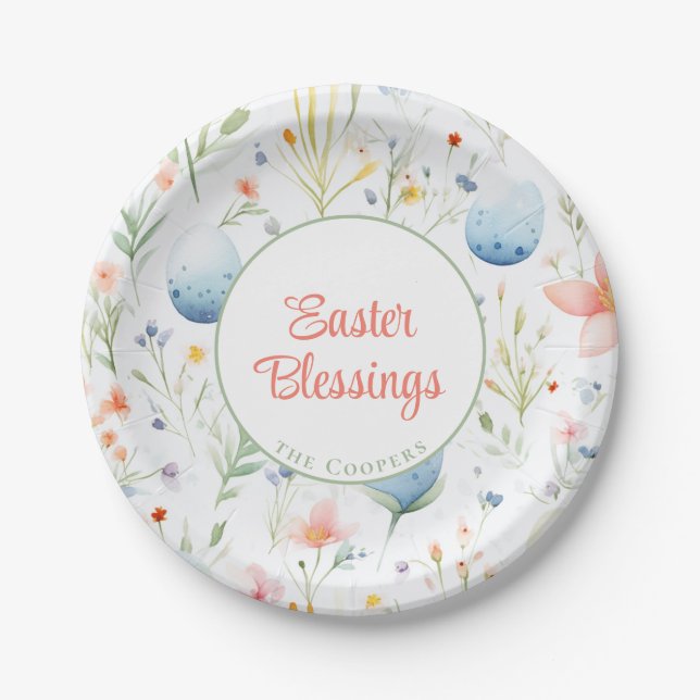 Prato De Papel Bênçãos de páscoa | Nome personalizado | Floral (Frente)