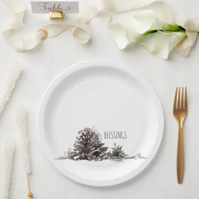 Prato De Papel Bênçãos Simples De Pinheiros De Aquarela (Casamento)