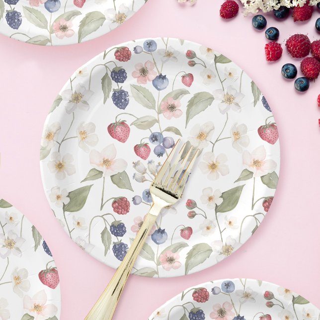 Prato De Papel Berries e Flores Selvagens Chás de fraldas Berry S (Berry Sweet Baby Shower Wild Berries & Flowers Paper Plates)