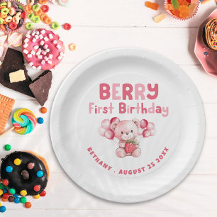 Prato De Papel Berry First Birry Teddy Bear Strawberry Pink