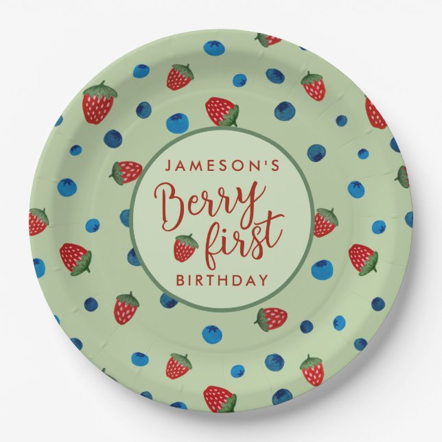 Prato De Papel Berry First Birthday Blueberry e Strawberry (Frente)