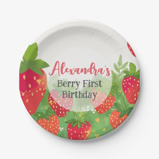 Prato De Papel Berry First Birthday Girls Strawberry Personalizad (Frente)