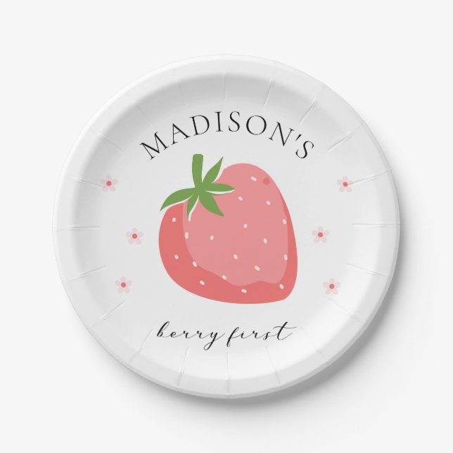 Prato De Papel Berry First Birthday Paper Plates Strawberry Party (Frente)
