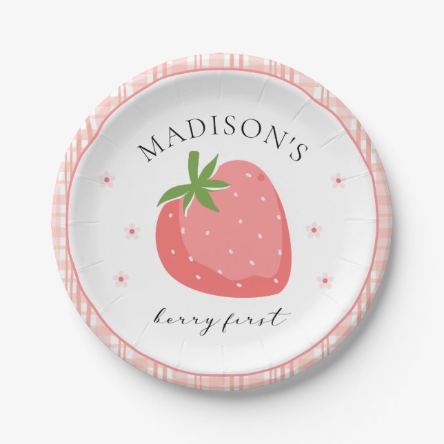 Prato De Papel Berry First Birthday Paper Plates Strawberry Party (Frente)