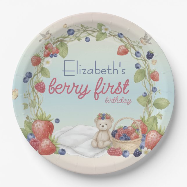 Prato De Papel Berry First Birthday Party Paper Plate (Frente)