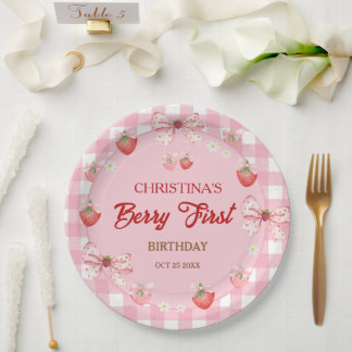 Prato De Papel Berry first birthday pink strawberry gingham