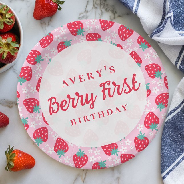 Prato De Papel Berry First Birthday Strawberry Daisy (Criador carregado)