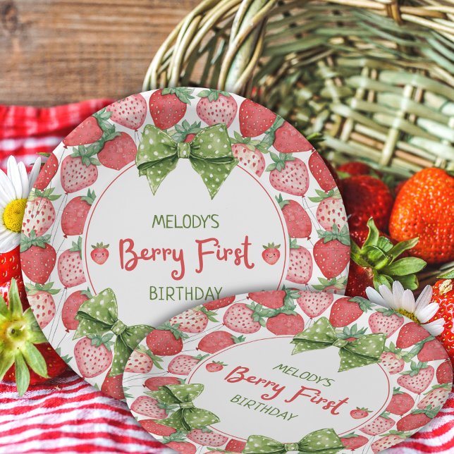 Prato De Papel Berry First Birthday Strawberry Party  (Criador carregado)