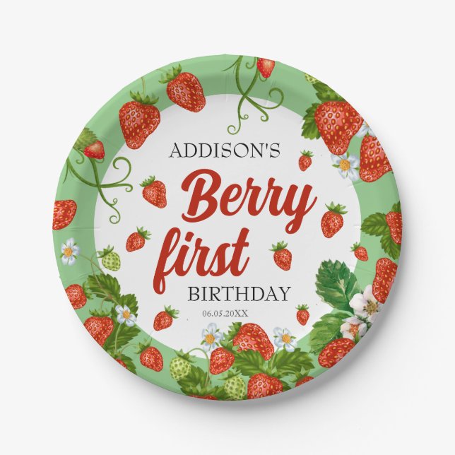 Prato De Papel Berry First Birthday Strawberry primeiro aniversar (Frente)