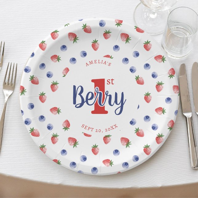 Prato De Papel Berry First Festa de aniversário Strawberry & Blue (Berry First Birthday Party Strawberry & Blueberry Paper Plates
)