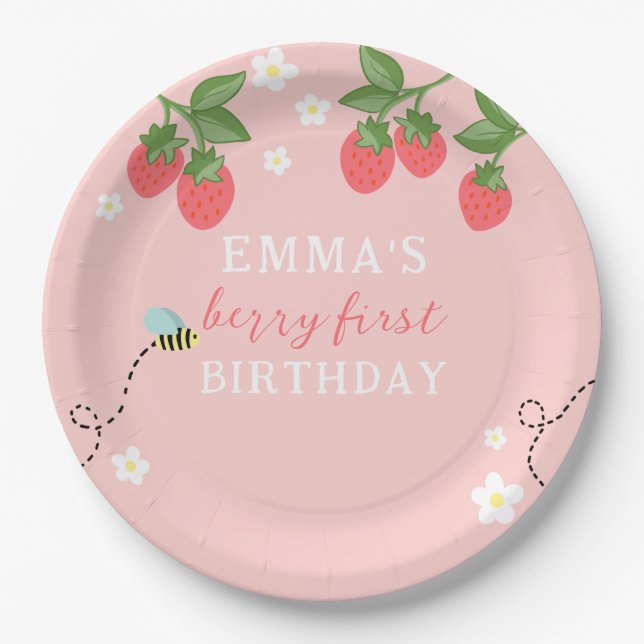 Prato De Papel Berry First Pink Strawberry and Flowers (Frente)