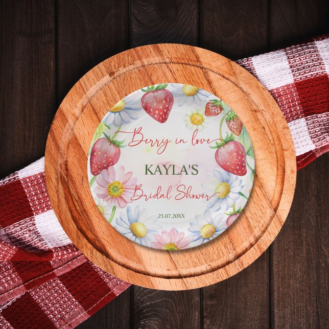Prato De Papel Berry no amor chá de panela de morango impresso (Berry in love summer daisies garden strawberry bridal shower printed paper plates personalized decor)