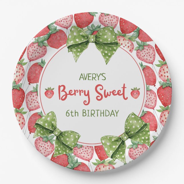 Prato De Papel Berry Sweet 6th Birthday Strawberry Party  (Frente)