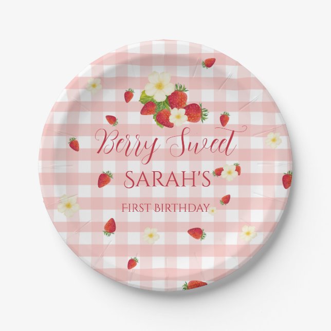 Prato De Papel Berry Sweet Strawberry 1st Birthday Party (Frente)
